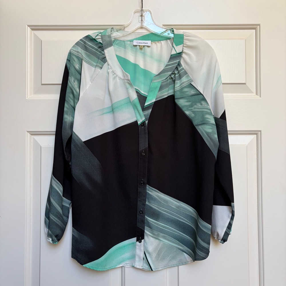 Calvin‎ Klein Womens Teal Black Abstract Geometric Button V-Neck Blouse Career